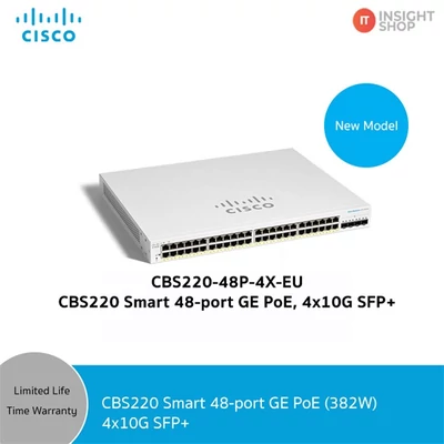 CISCO Switch 48x1000Mbps (POE+) + 4x10000Mbps SFP+, Menedzselhető, Fémházas, Rackes - CBS220-48P-4X-EU