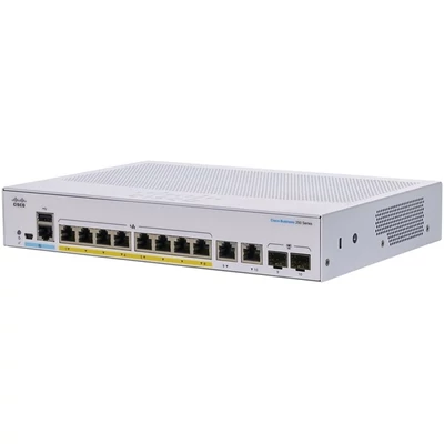 CISCO Switch 8x1000Mbps (POE+) + 2x1000Mbps SFP, Menedzselhető, Fémházas, Rackes - CBS250-8P-E-2G-EU