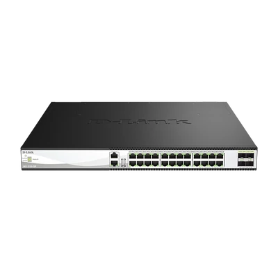 D-LINK Switch 24x10G(24xPOE) + 4x10G/25G SFP28 Fémházas, Menedzselhető, Rackes, DXS-3130-28P/E