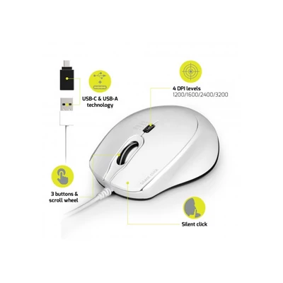 PORT DESIGNS Egér veztékes, silent, optikai, USB-C/USB, 1200/1600/2400 dpi, 1,6 m, fehér