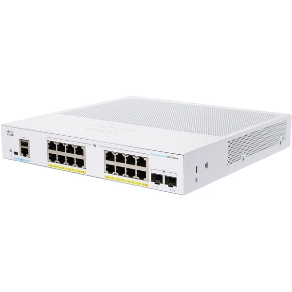CISCO Switch 16x1000Mbps (POE+) + 2x1000Mbps SFP, Fémházas, Rackes, Menedzselhető - CBS350-16P-E-2G-EU