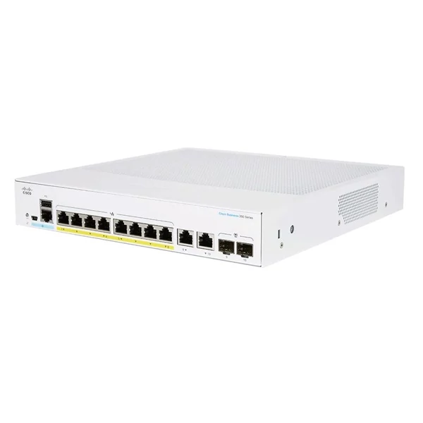 CISCO Switch 8x1000Mbps (POE+) + 2x1000Mbps SFP, Fémházas Rackes, Menedzselhető - CBS250-8FP-E-2G-EU