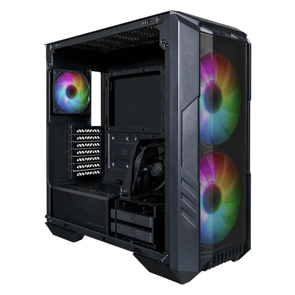 COOLER MASTER Ház Midi ATX HAF 500 ARGB + 4db Ventilátor, Tápegység nélkül, Üvegfalú, fekete