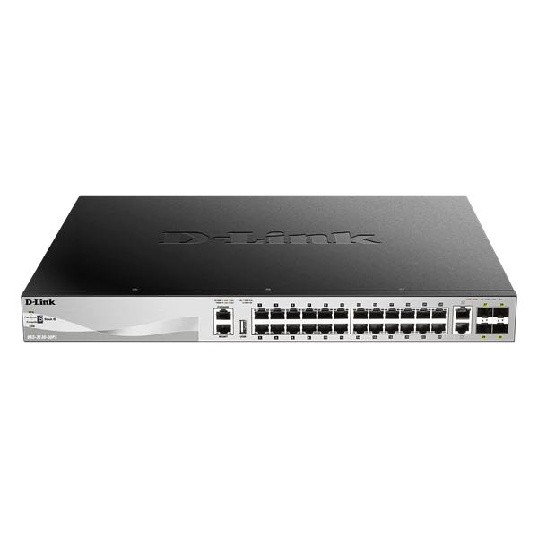 D-LINK Switch 24x1000Mbps(24xPOE) + 2xGigabit + 4xGigabit SFP+ Fémházas, Menedzselhető (370W POE), DGS-3130-30PS/E