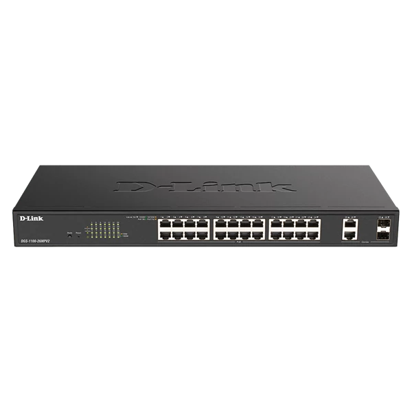 D-LINK Switch 24x1000Mbps (24xPOE) + 2xGigabit kombó SFP Fémházas Menedzselhető Rackes, DGS-1100-26MPV2/E