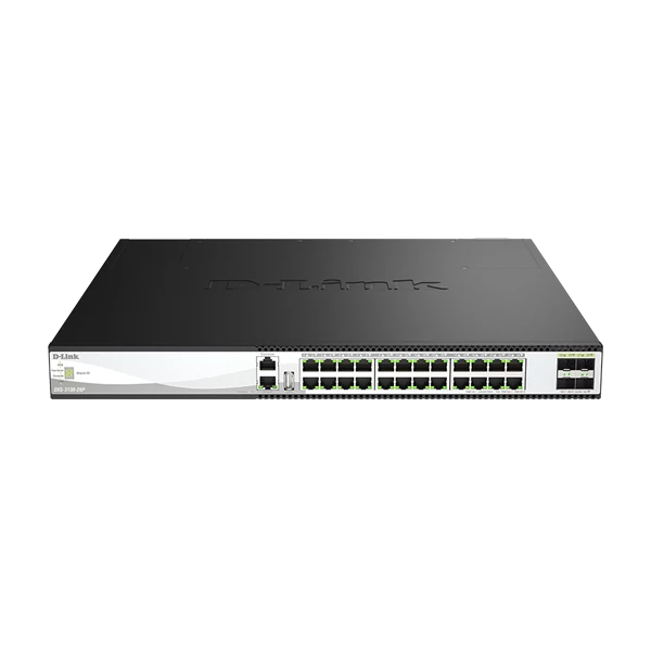 D-LINK Switch 24x10G(24xPOE) + 4x10G/25G SFP28 Fémházas, Menedzselhető, Rackes, DXS-3130-28P/E