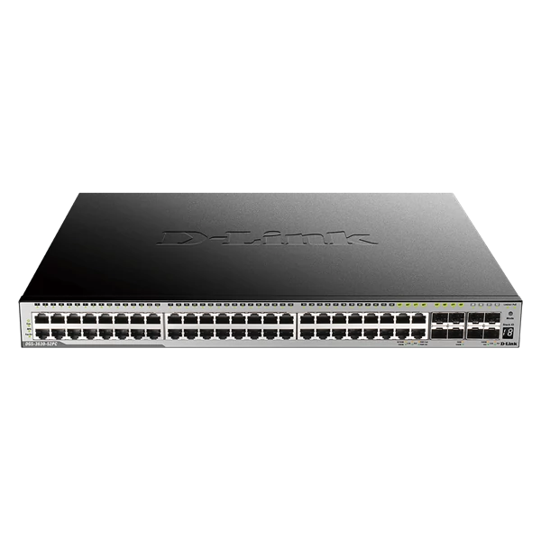 D-LINK Switch 44x1000Mbps(44xPOE) + 4xGigabit SFP+ + 4xGigabit SFP kombó Menedzselhető, Rackes (370W POE), DGS-3630-52PC