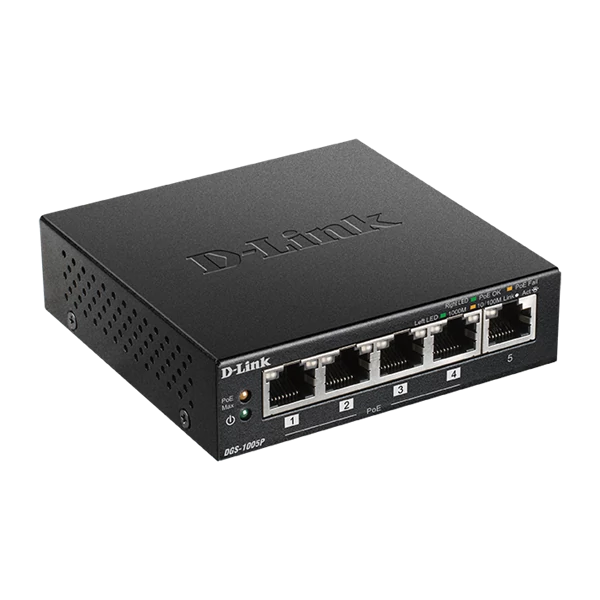D-LINK Switch 5x1000Mbps (4xPOE+) Fémházas Asztali, DGS-1005P/E