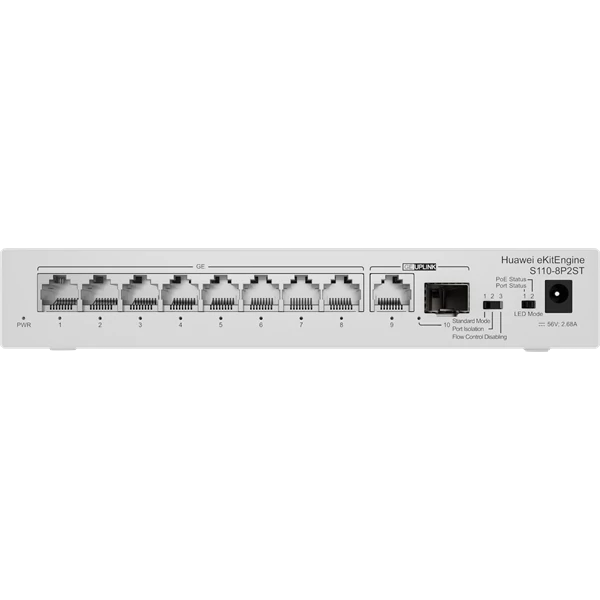 Huawei eKit Switch 8x1000Mbps (124W POE+) + 1x1000Mbps Uplink + 1x1GE (SFP), Nem menedzselhető, Asztali - S110-8P2ST