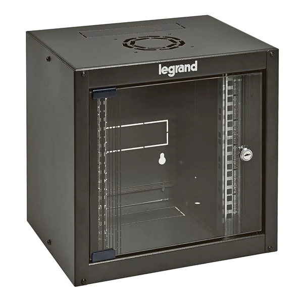 LEGRAND fali rack szekrény 10` 6U MAG: 362 SZÉL: 320 MÉLY: 300 antracit egyrészes üvegajtós készre szerelt MAX: 12 kg Li
