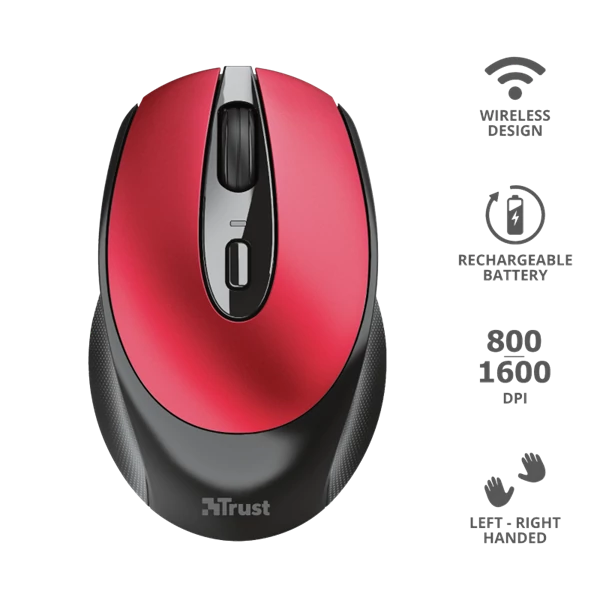 TRUST Vezeték nélküli tölthető egér 24019 (Zaya Rechargeable Wireless Mouse - red)